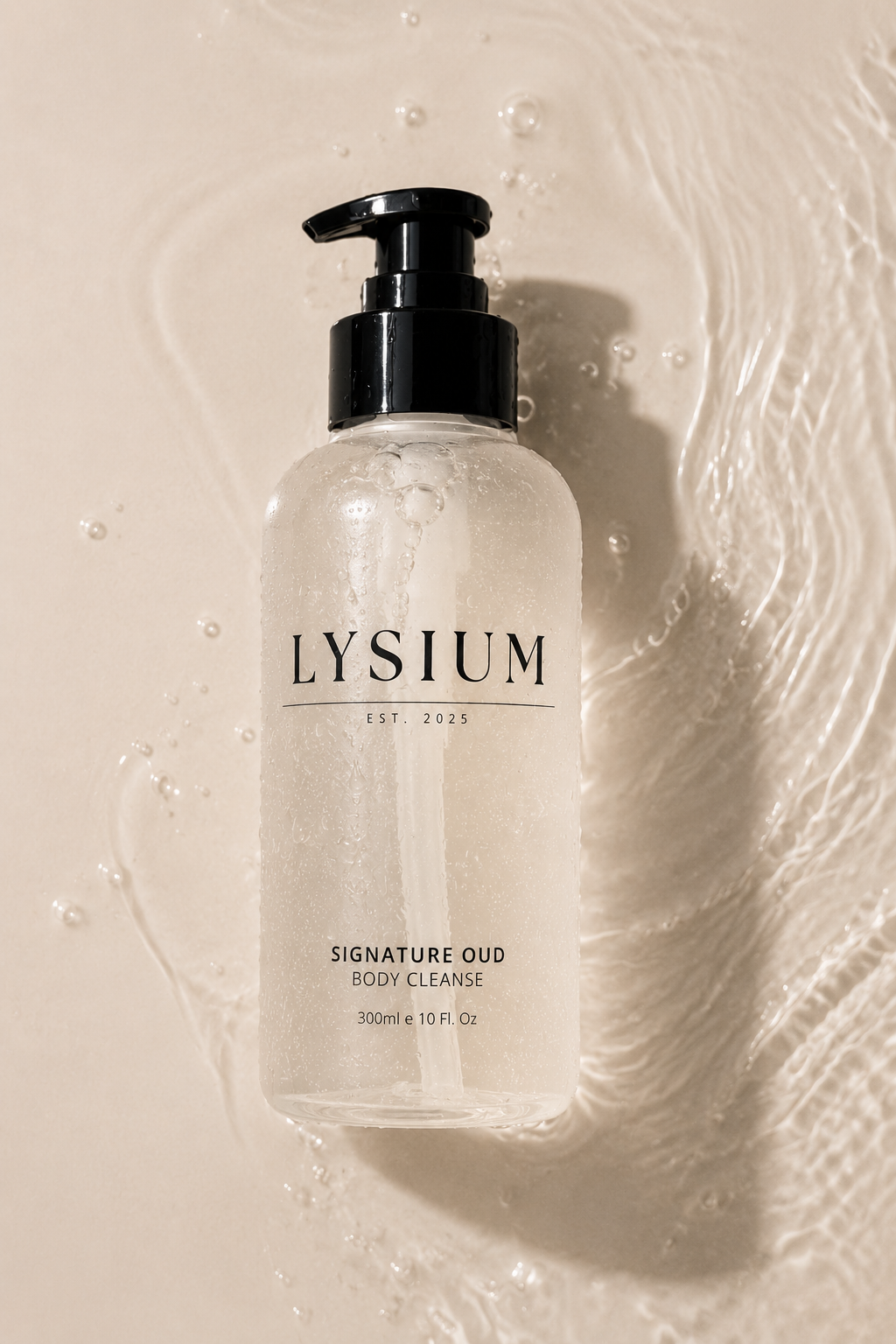 Bottle of LYSIUM Signature Oud body cleanse on a beige background