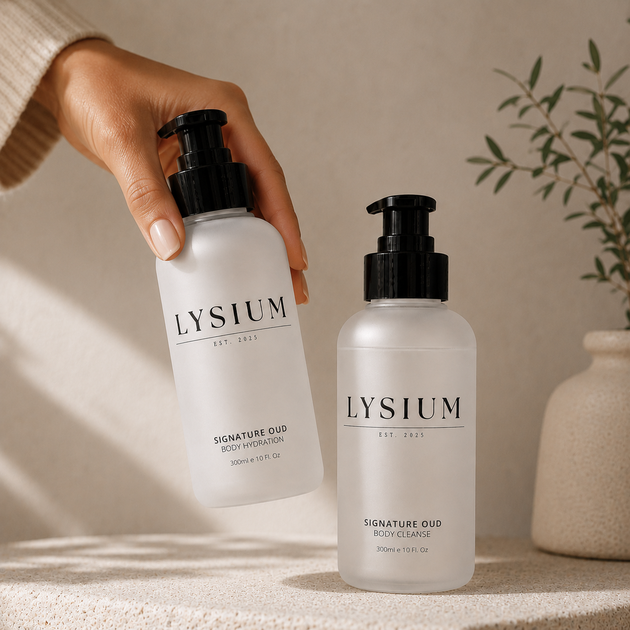 Two LYSIUM body products on a neutral background with a hand holding one bottle.